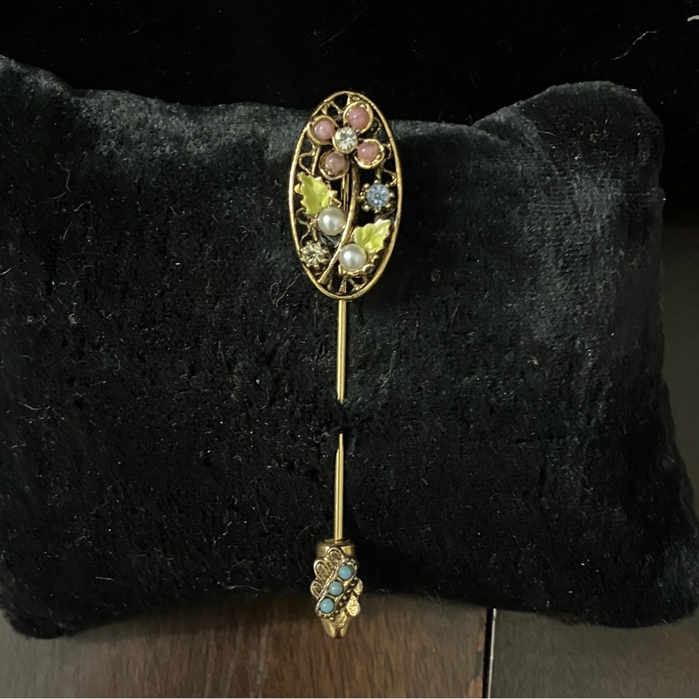 Vintage Art Flower Stick Pin with Enamel, Rhinestones, & Beads